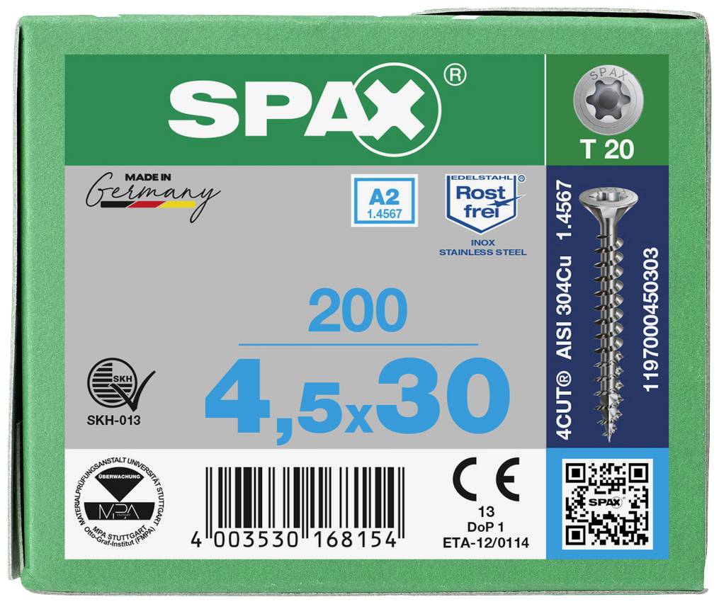 Box of SPAX Screws, Inox Stainless Steel, A2, rust-free. Size: 4.5x30 mm. Quantity: 200 pieces. Includes QR code and test mark.