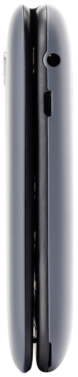 Side view of a folded, grey flip phone with a black accent, microphone opening and charging port visible.