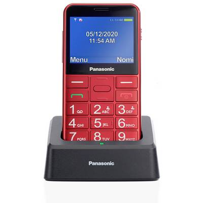 Red mobile phone for seniors in charging dock, large display showing date and time. Large buttons make operation easier.