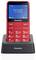 Red mobile phone for seniors in charging dock, large display showing date and time. Large buttons make operation easier.