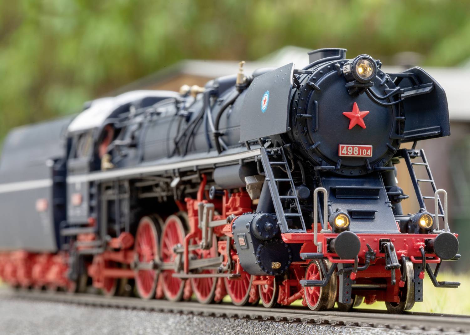 Steam locomotive with a red star travels along the track through a green woodland area; focus on the black locomotive with red wheels.