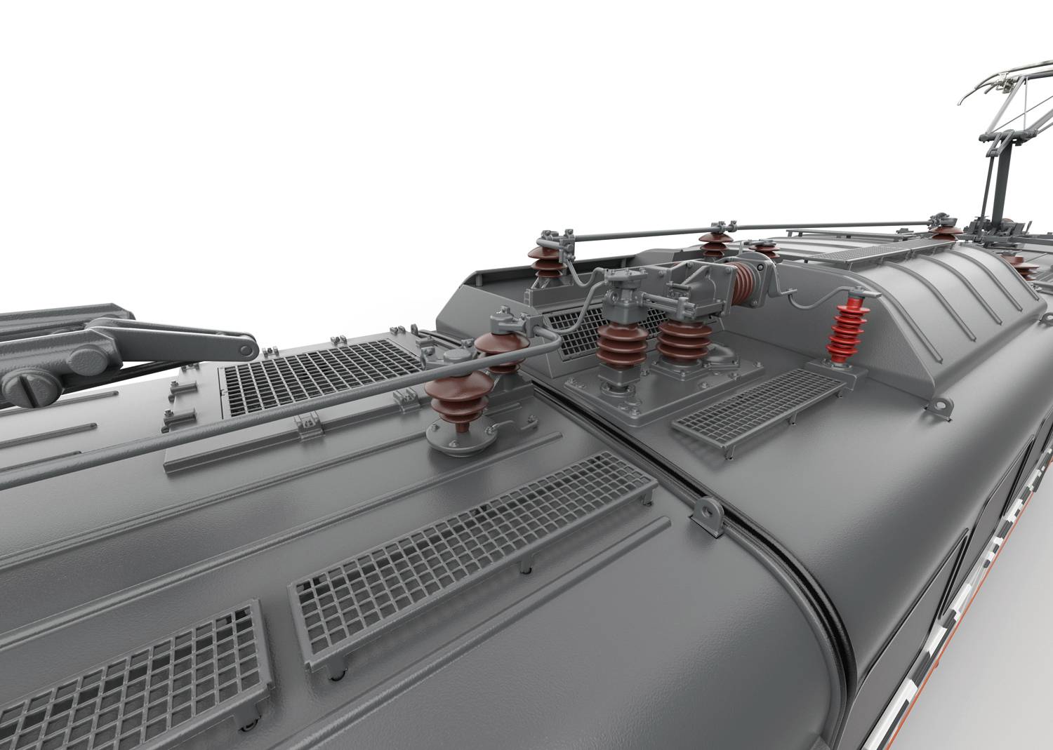 Detailed view of the roof of an electric locomotive, showing pantograph, insulators, and ventilation grilles.
