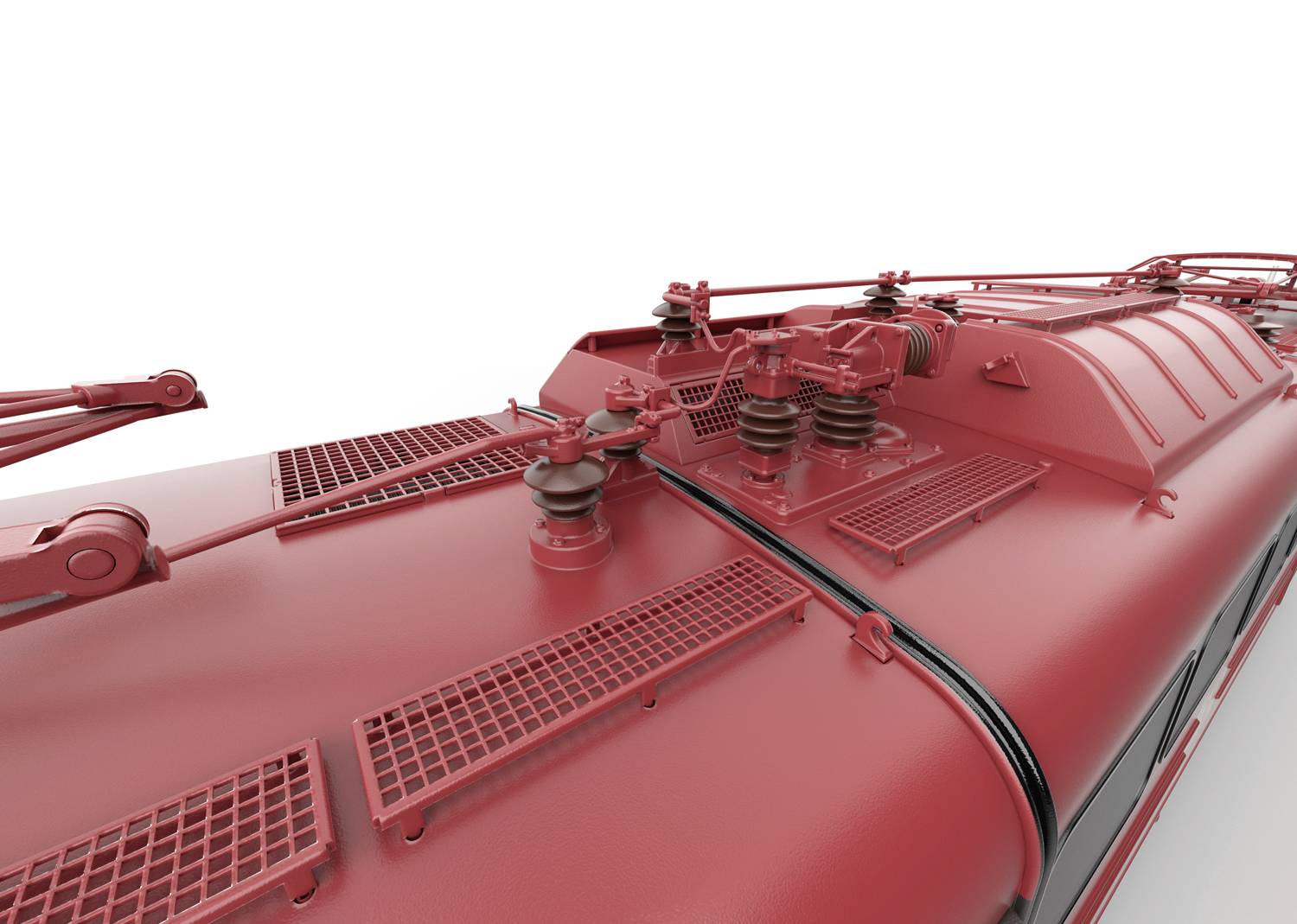 Top view of a red electric locomotive with pantograph and technical details visible, against a white background.