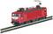 A red Deutsche Bahn train on railway tracks, photographed from the side. The model showcases technical details of the locomotive.