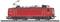 Red model of a locomotive positioned sideways, showing details such as pantograph, wheels and markings.