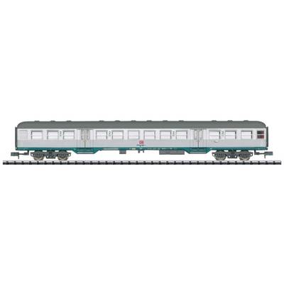 A grey-blue passenger train of Deutsche Bahn on a railway track, with detailed windows and doors.