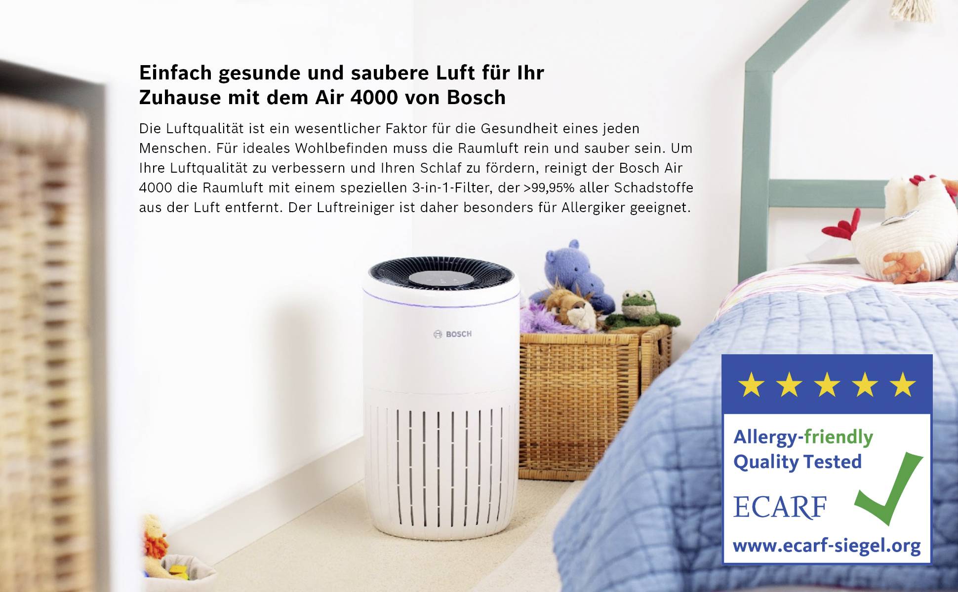 A person is operating an intuitive air purifier with an easy-to-understand digital display. Text: 'Easy-to-use air purifier'