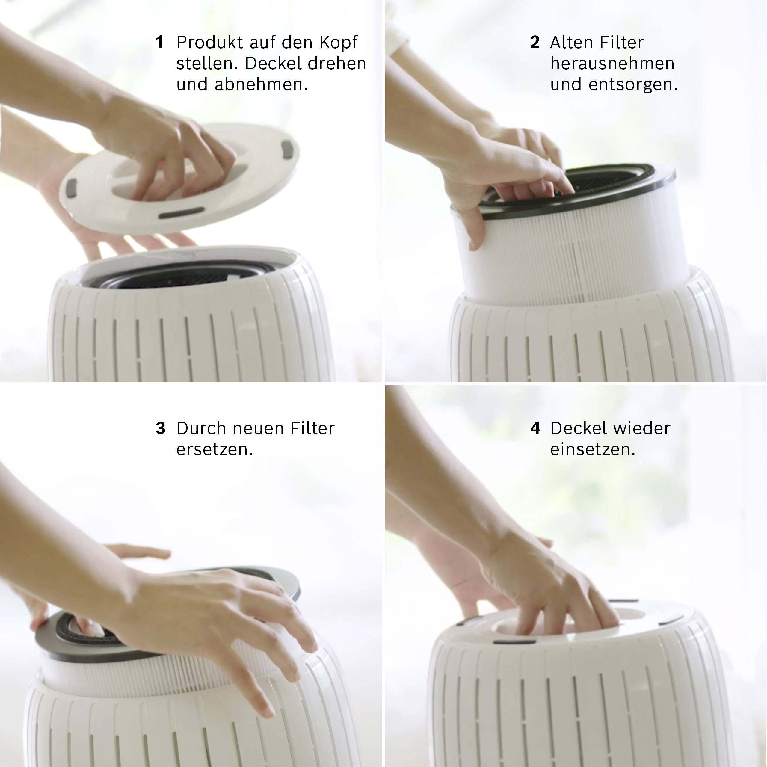 Four images show steps for changing an air filter: 1. Remove lid, 2. Take out old filter, 3. Insert new filter, 4. Close lid.