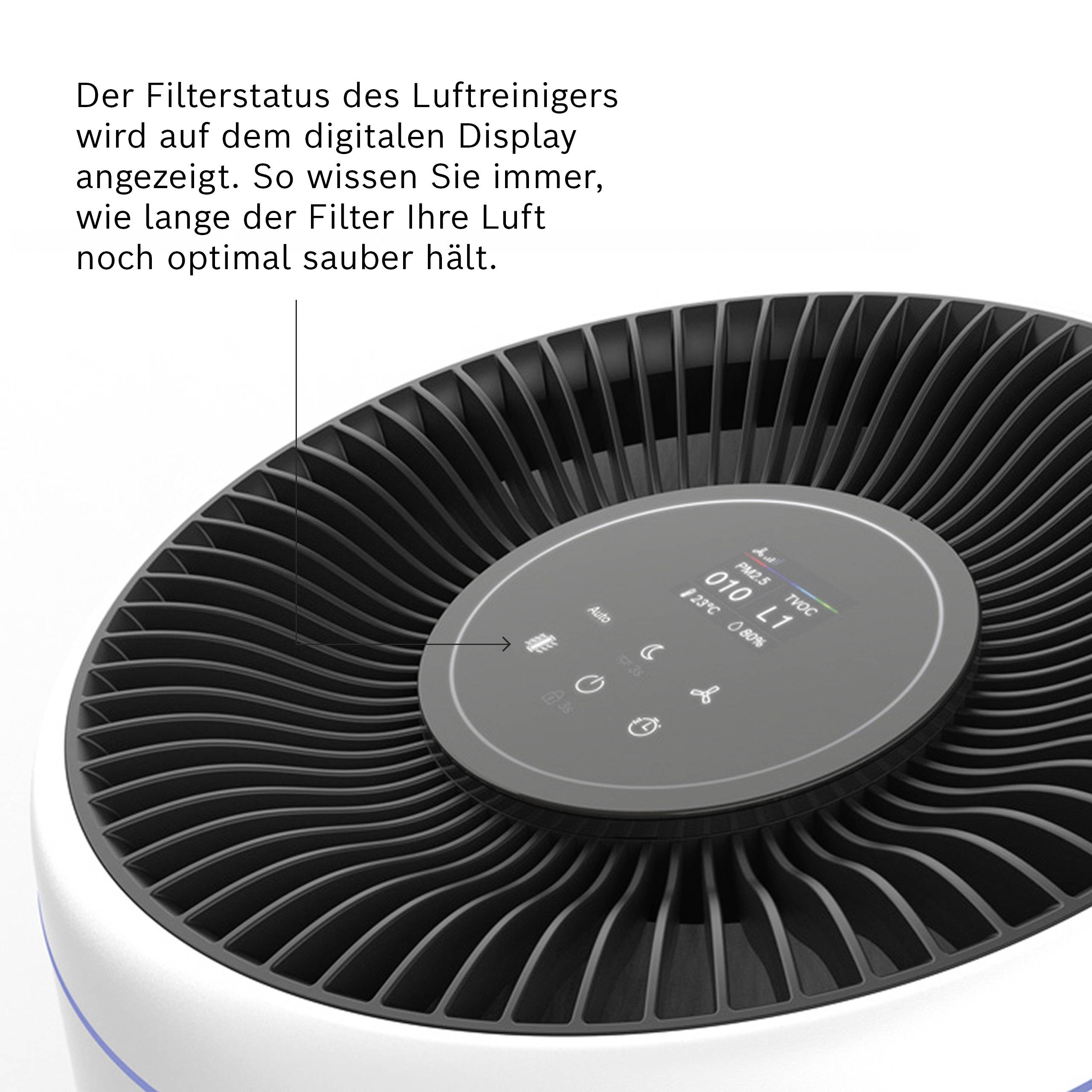 'Intelligent air purifier with digital display showing filter status, air quality, and operating mode. Round, modern design.'