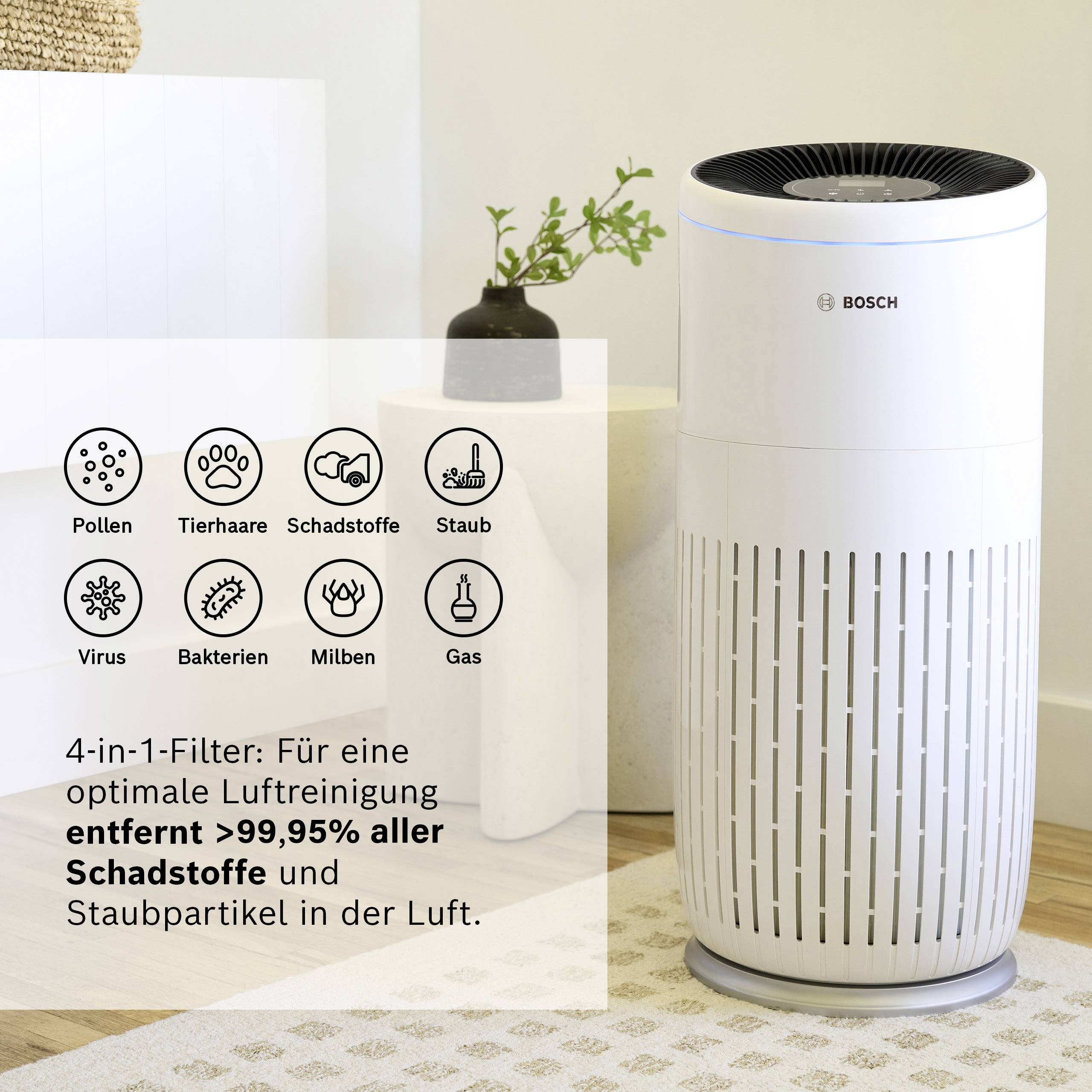 Air purifier on a table. Caption: '4-in-1 Filter: Removes over 99.95% of all pollutants and dust particles for optimal air purification.'
