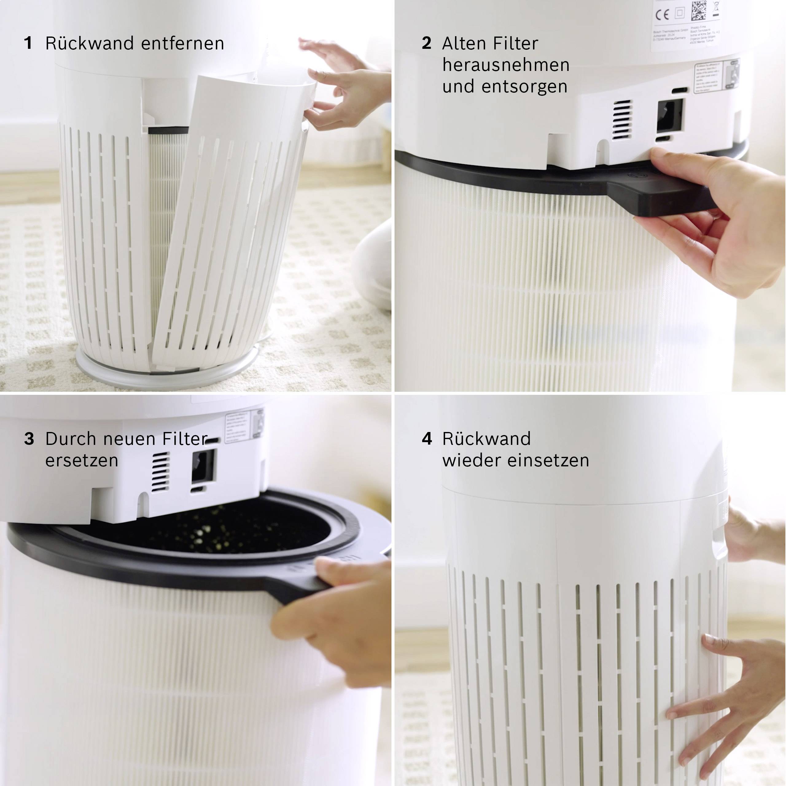 'Changing Air Purifier Filter: 1. Remove back panel. 2. Dispose of old filter. 3. Insert new filter. 4. Replace back panel.'