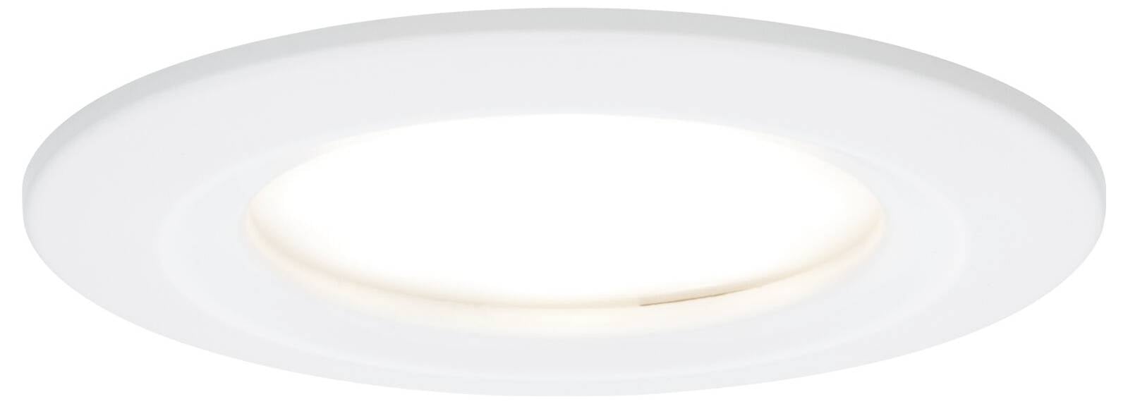 A white, round recessed light with simple, minimal design, mounted on a ceiling.