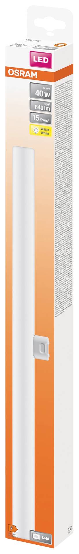 OSRAM LED fluorescent tube, 40W, in its packaging. The packaging is orange and white and provides technical details about the lamp.