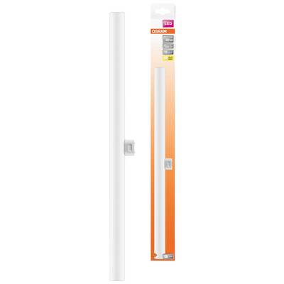 LED lamp in a white, slim form next to the packaging. Packaging shows the OSRAM brand and power of 40 watts, warm white light.