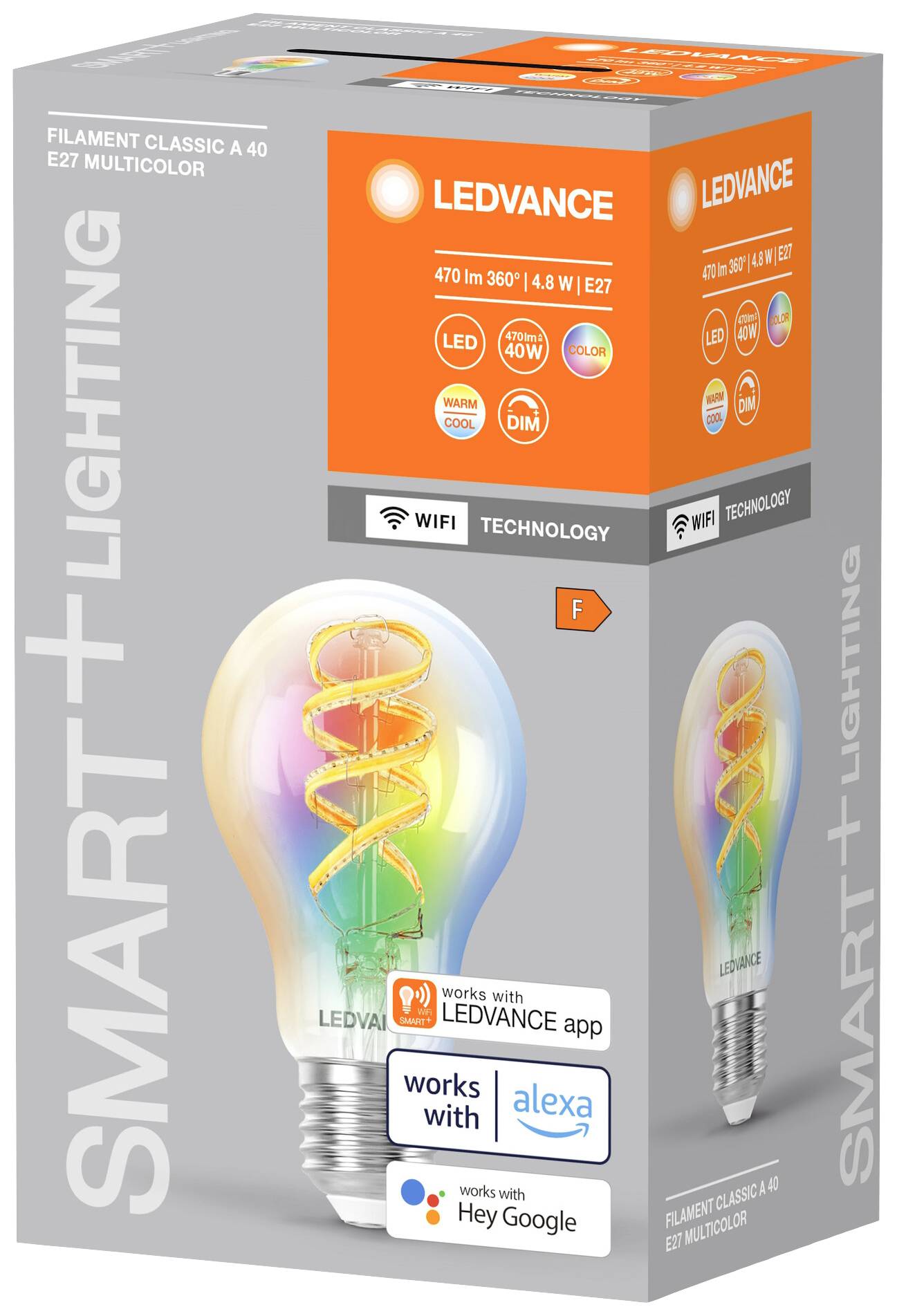 'LEDVANCE SMART+ Filament Classic A 40 E27' Light Bulb Packaging. 470 Lumens, 4.8W, E27 Fitting. Compatible with Apps, colour-changing, energy-saving.