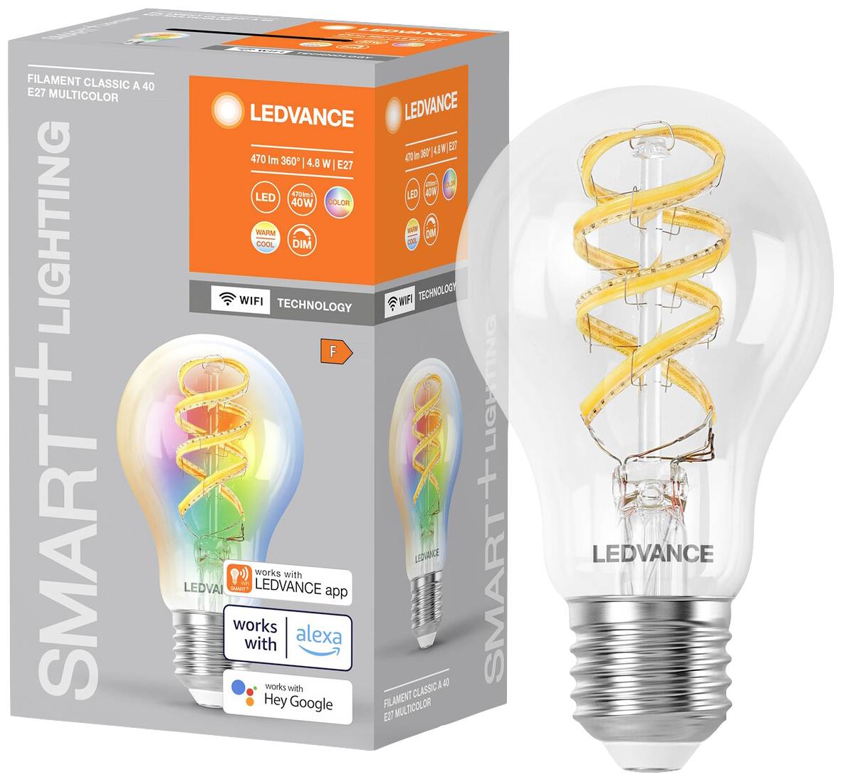 Packaging of an LED filament lamp by Ledvance with an E27 base. The lamp features a spiral design and is smart-compatible.