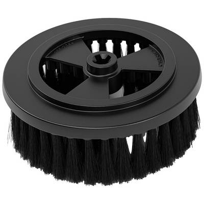 Black round brush with stiff bristles, suitable for cleaning work and surface maintenance, with a central fixing hole.