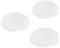 Three white, round cotton pads scattered slightly on a white background.