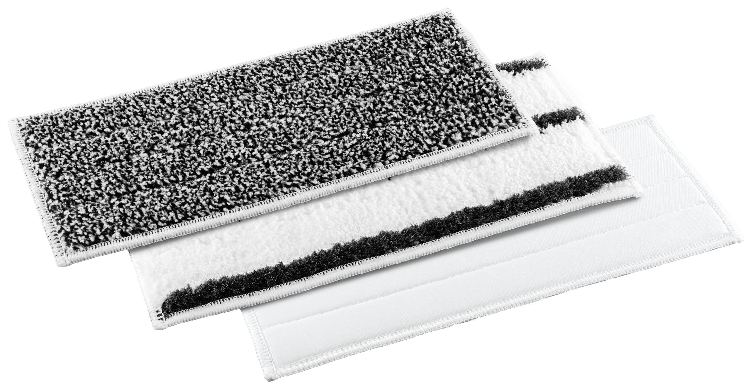 Three rectangular wiping cloths in different textures and colours stacked on top of each other.