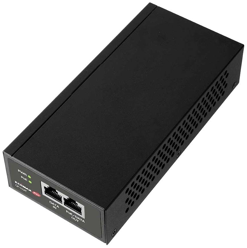 A black PoE injector device with two Ethernet ports, LED indicators for power and PoE. Used for power delivery over Ethernet.
