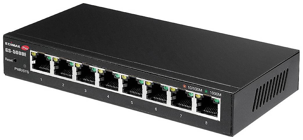 Eight-port network switch with black casing, brand markings and LED indicators for network connections and power status.