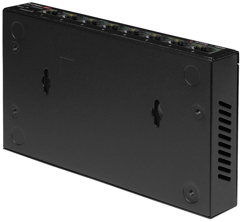 A black, rectangular network switch with multiple Ethernet ports on the top and wall-mounting options on the back.