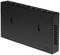 A black, rectangular network switch with multiple Ethernet ports on the top and wall-mounting options on the back.