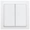 A double light switch with a white square cover and two adjacent rocker switches.