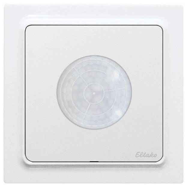A square motion sensor with a round sensor in the centre, mounted in a white switch frame.
