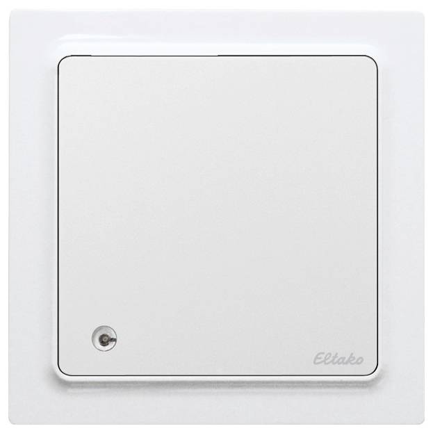 A white wall switch by Eltako with a simple design, intended for switching electrical devices on or off.