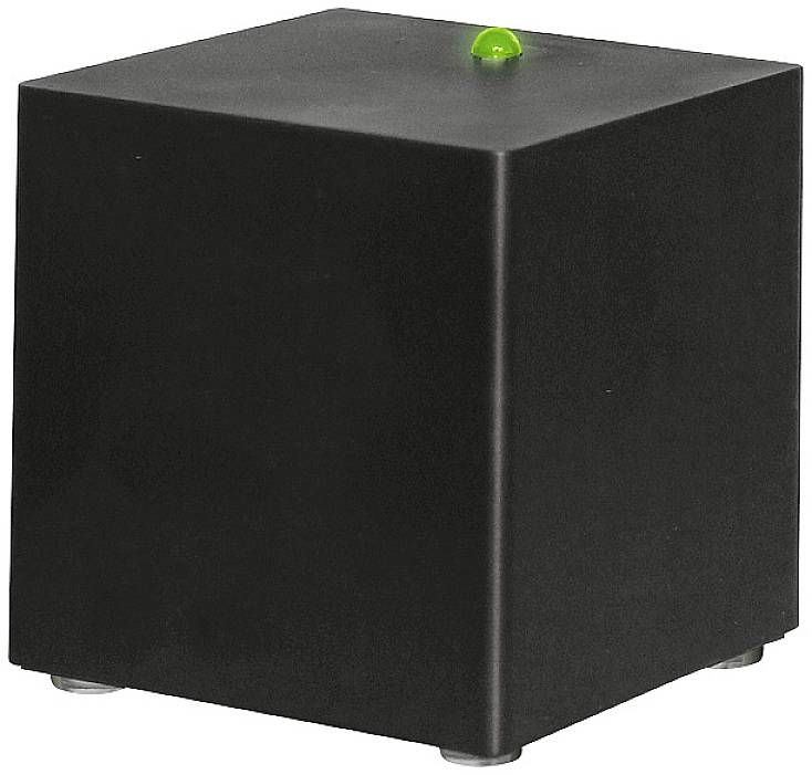 Black cube with small feet and a green dot on top, against a white background.