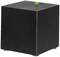 Black cube with small feet and a green dot on top, against a white background.