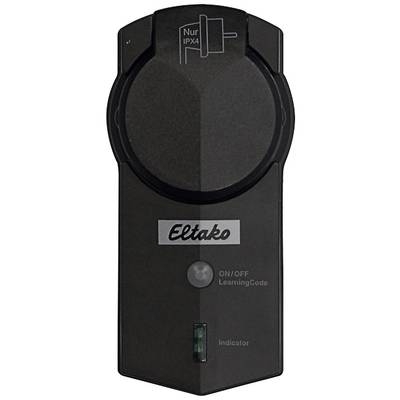 Black electrical adapter with 'Eltako' logo. Features an on/off switch, LED indicator, and the note 'IPX4 only'.