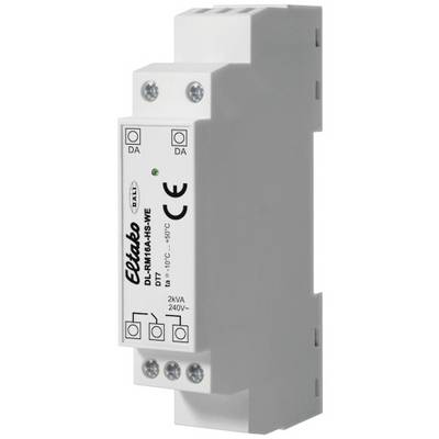 A grey, rectangular relay module by 'Eltako' with model number 'DL-12V/16A-HS' and CE marking.