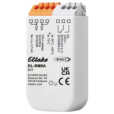 White electronic component by Eltako with cable connections at the top, technical specifications and certification logos on the front.