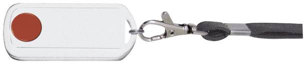 A white keyring with a red dot, attached to a black lanyard with a carabiner clip.