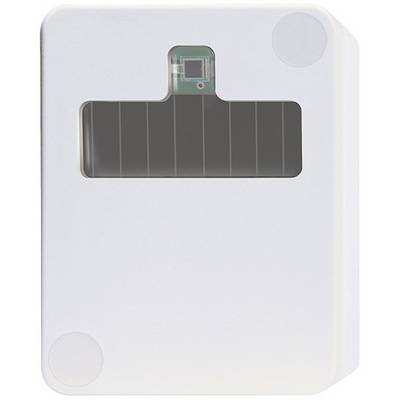 A rectangular, white device with a dark rectangular window in the centre, possibly a sensor or electronic device.