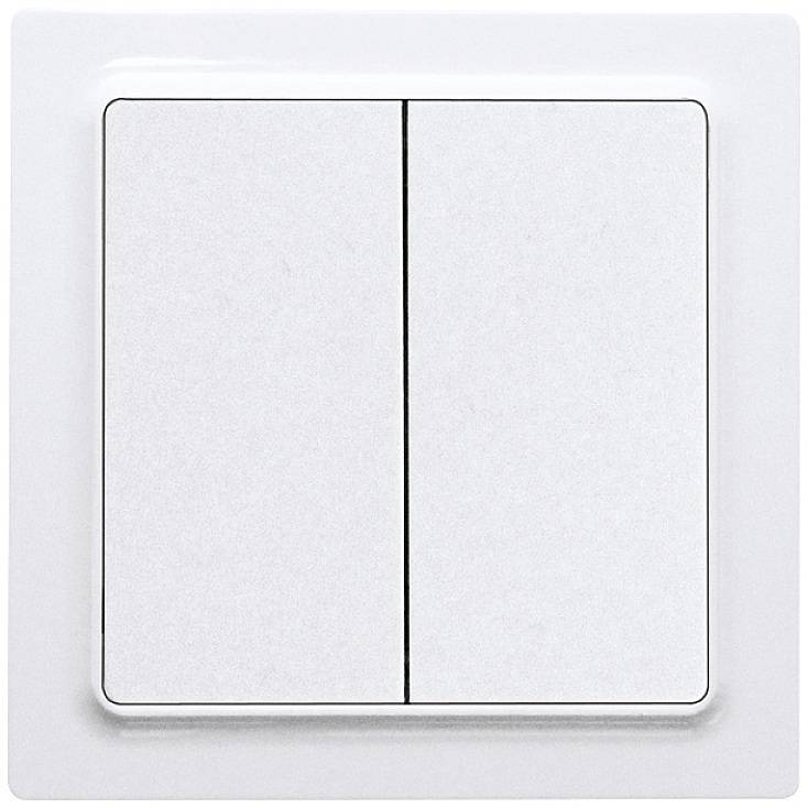 A white double light switch on a wall, used for controlling electrical devices or lighting.
