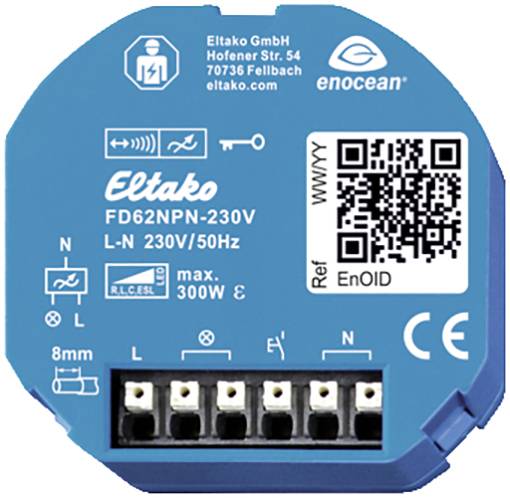 'Eltako FD62NPN-230V Switching Actuator, blue. Top: Eltako GmbH, EnOcean logo, address. Bottom: Connection terminals, symbols and technical data.'