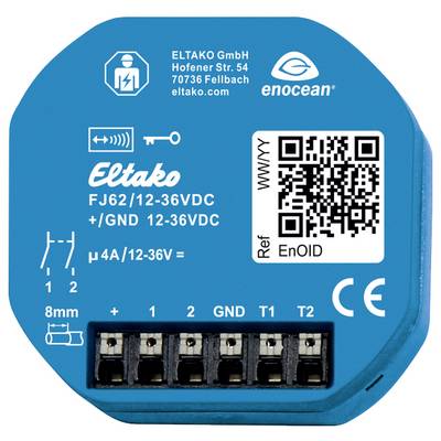 A blue Eltako radio switching actuator with terminal blocks at the bottom and a QR code in the top right corner. Contains technical specifications.