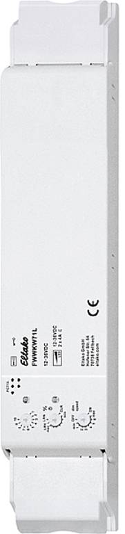 A rectangular, white Eltako dimmer (type EUD12NPN/UC) with rotary controls and CE marking. Designed for installation in electrical systems.