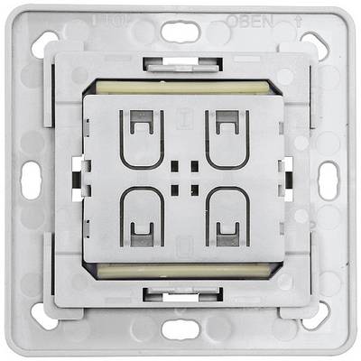 Close-up of a switch module in a wall socket, ready for installation. 'TOP' and 'OPEN' markings are visible at the top.