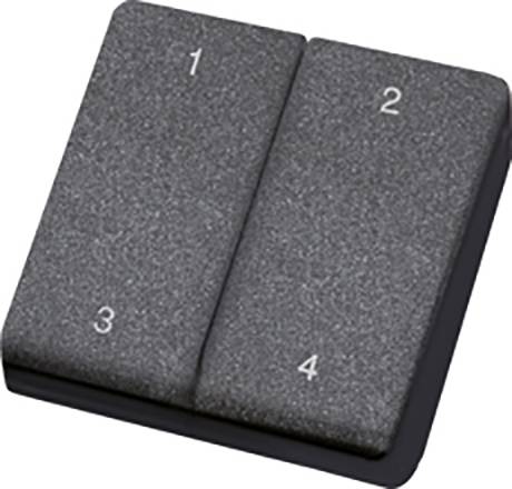 Grey, rectangular numerical keypad with four buttons, numbered from 1 to 4. The keypad has a minimalist, plain design.