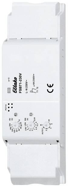 A white electrical device with CE marking, rotary controls, and connections. Marked with 'Eltako FSB71-230V'.