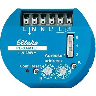 Blue digital electricity meter by Eltako with rotary knob for address setting, configuration button and connection terminals for power lines.