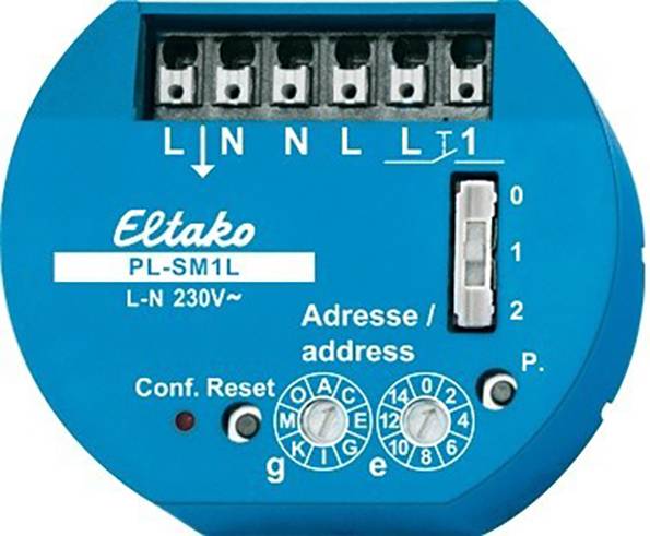 Blue Eltako Actor PL-SM1L with connection terminals. Labelled: 'Address' and 'Conf. Reset'. Voltage: L-N 230V~.