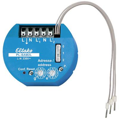 Round device by Eltako, model PL-SAM2L, shows connection options for electrical cables and address setting on the front.