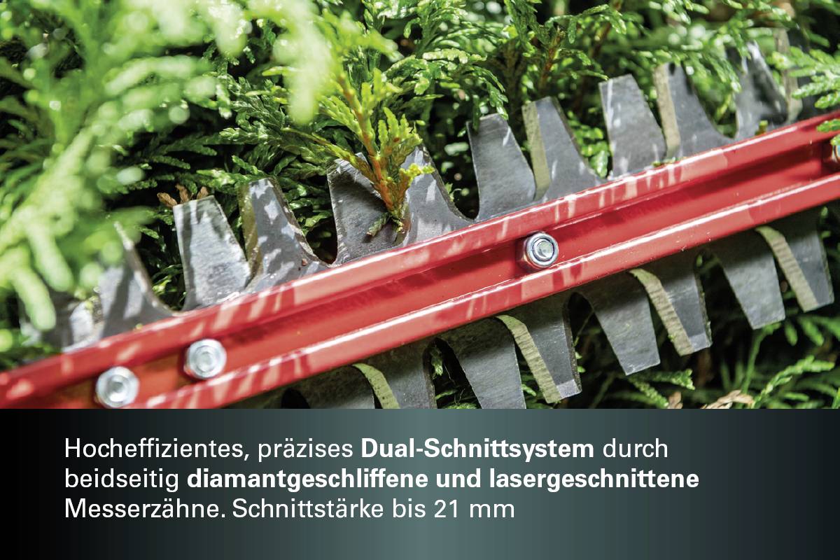 A hedgecutter blade with double-edged, diamond-ground teeth slices through dense greenery. Text emphasises efficiency.