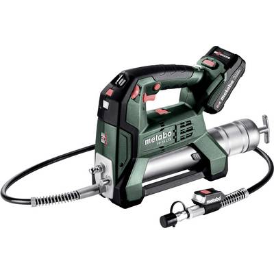 Cordless Metabo power tool with attached hose and small handpiece, shown on a white background.