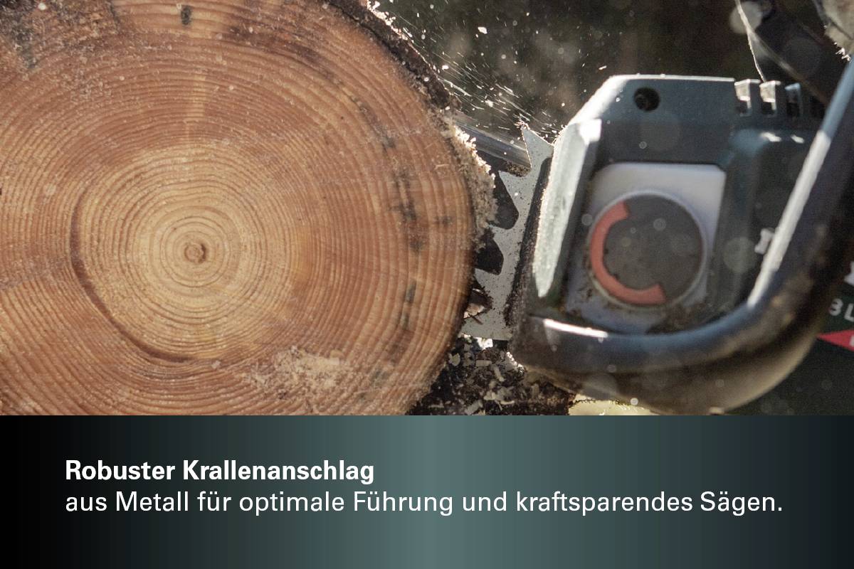 A chainsaw cuts a tree trunk with a robust metal claw attachment for precise guidance and energy-efficient sawing.